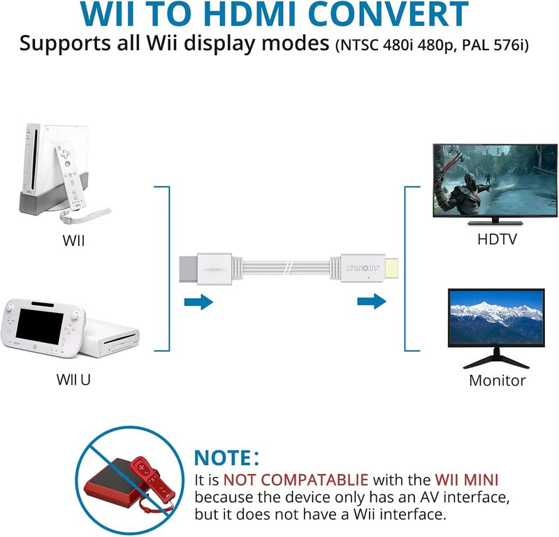 AUTOUTLET محول Wii إلى HDMI 1080P بطول 4 أقدام/120 سم لجهاز Full HD، محول مع كابل HDMI ذكر مخرج متوافق مع نينتندو وي، وي يو، HDTV، شاشة - يدعم جميع أوضاع عرض Wii - Image 3